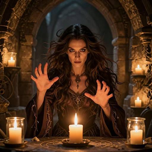 Dark-haired woman with wild hair, black gothic dress, hands raised, surrounded by candles in a dimly lit stone archway. Photorealistic