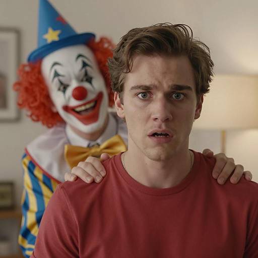 Young Man Alarmed by Grinning Clown