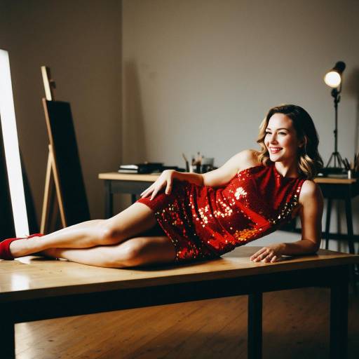 Woman in Red Sequin Dress Reclining on Table