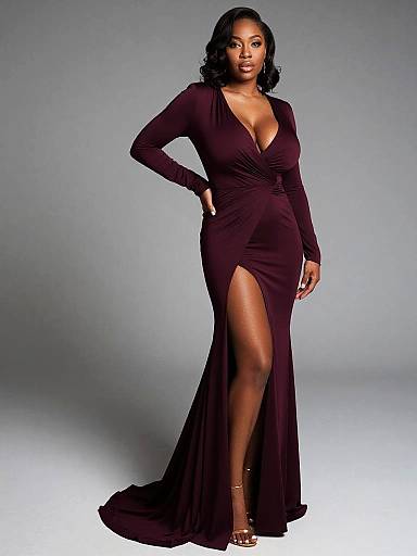 Photograph of a confident Black woman with dark skin and wavy hair, wearing a deep V-neck, long-sleeved, dark purple gown with