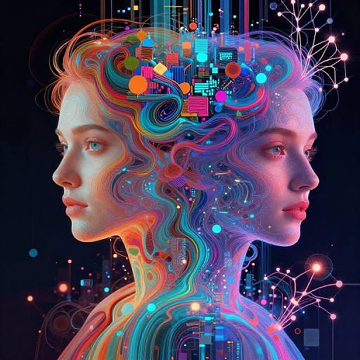 Digital art of a woman's profile with vibrant, neon-colored, swirling patterns and geometric shapes in her hair and neck, set against a dark background.