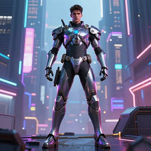 CGI image of a muscular man in futuristic, metallic armor with a blue glowing chest piece, standing confidently in a neon-lit, cyberpunk city