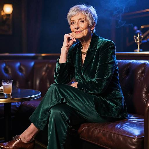 Elderly Woman in Emerald Velvet Blazer