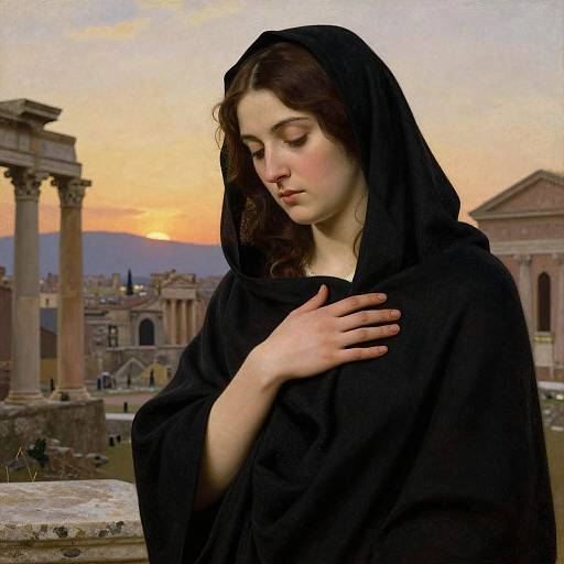 Digital painting of a young, fair-skinned woman with dark brown hair, wearing a black veil, touching her chest, set against a sunset-lit