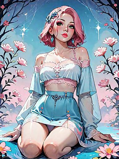 Fantasy Woman in Pastel Lace Crop Top at Night