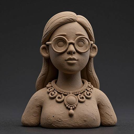 Photograph of a detailed, clay bust of a girl with round glasses, long hair, and intricate necklace, set against a dark blue background.