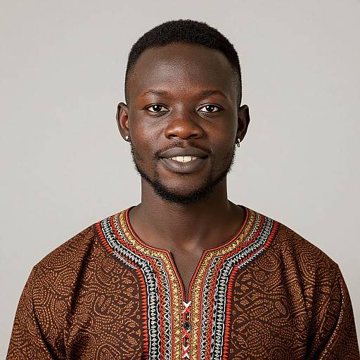Photograph of a smiling African man with dark skin, short black hair, and a brown patterned shirt with red and white trim. White background.