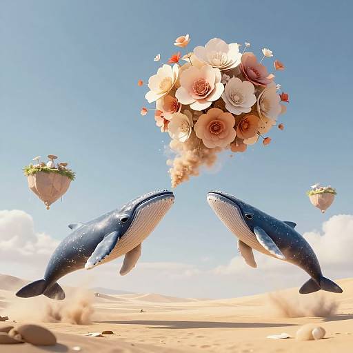 Photorealistic digital art of two dolphins leaping, releasing a bouquet of pink and white roses into a clear blue sky over a sandy desert with floating
