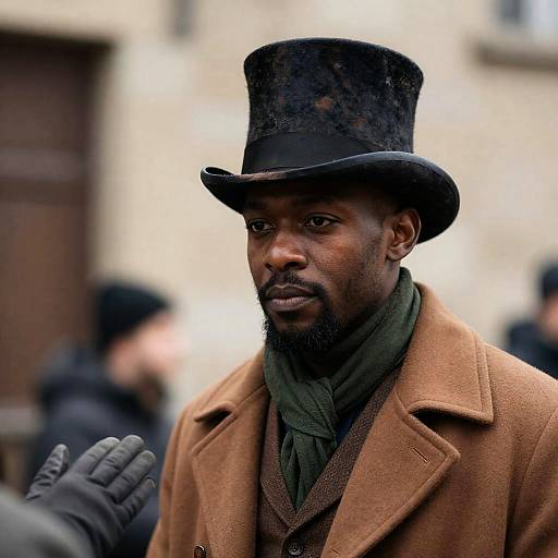 Black Man in Worn Top Hat and Brown Coat
