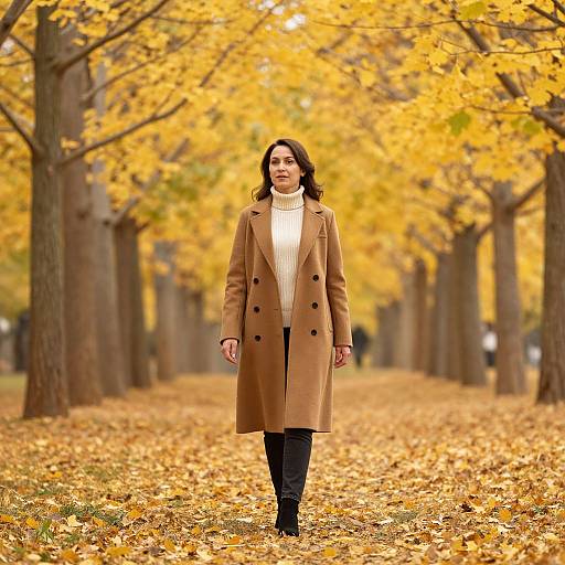 Photograph of a woman with dark hair, wearing a tan coat, white turtleneck, and black pants, walking through a golden autumn forest path