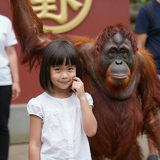 Young Girl Posing with Orangutan in Zoo Setting