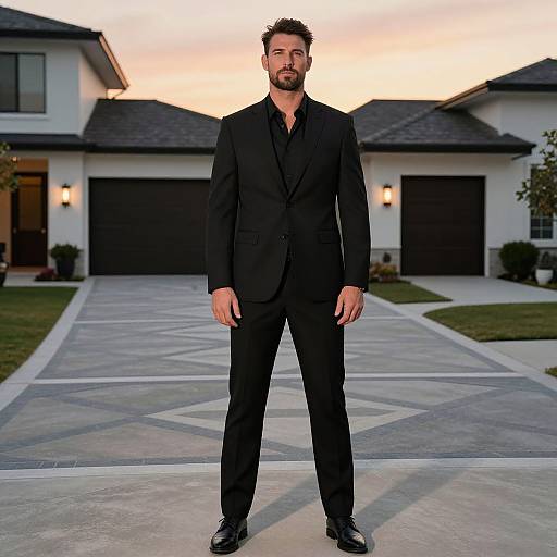 Photograph of a bearded man in a black suit standing confidently in front of a modern two-story house with a spacious driveway at sunset.