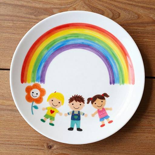 Photograph of a white plate with a colorful rainbow, three cartoon children, and an orange flower on a wooden table.