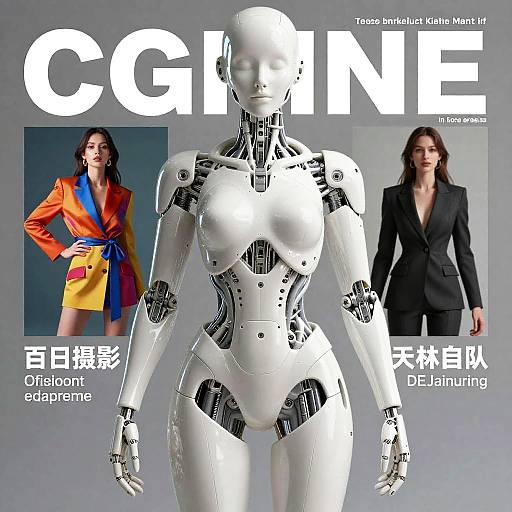 CGI magazine cover featuring a white, humanoid robot in the center, flanked by two women in colorful and black outfits. Text in Chinese and English