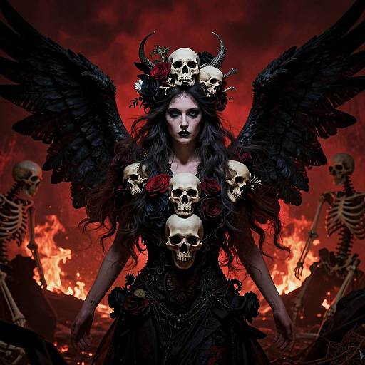Digital artwork of a dark angelic woman with black wings, skull hairpiece, and dress, surrounded by skeletons and fiery red background.