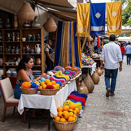 Vibrant outdoor market stall with colorful textiles, baskets of oranges, and hanging flags; woman sits, man walks by; cobblestone street.