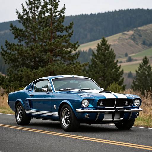 Photograph of a blue 1969 Dodge Charger with white racing stripes, driving on a rural road with mountainous background and pine trees.