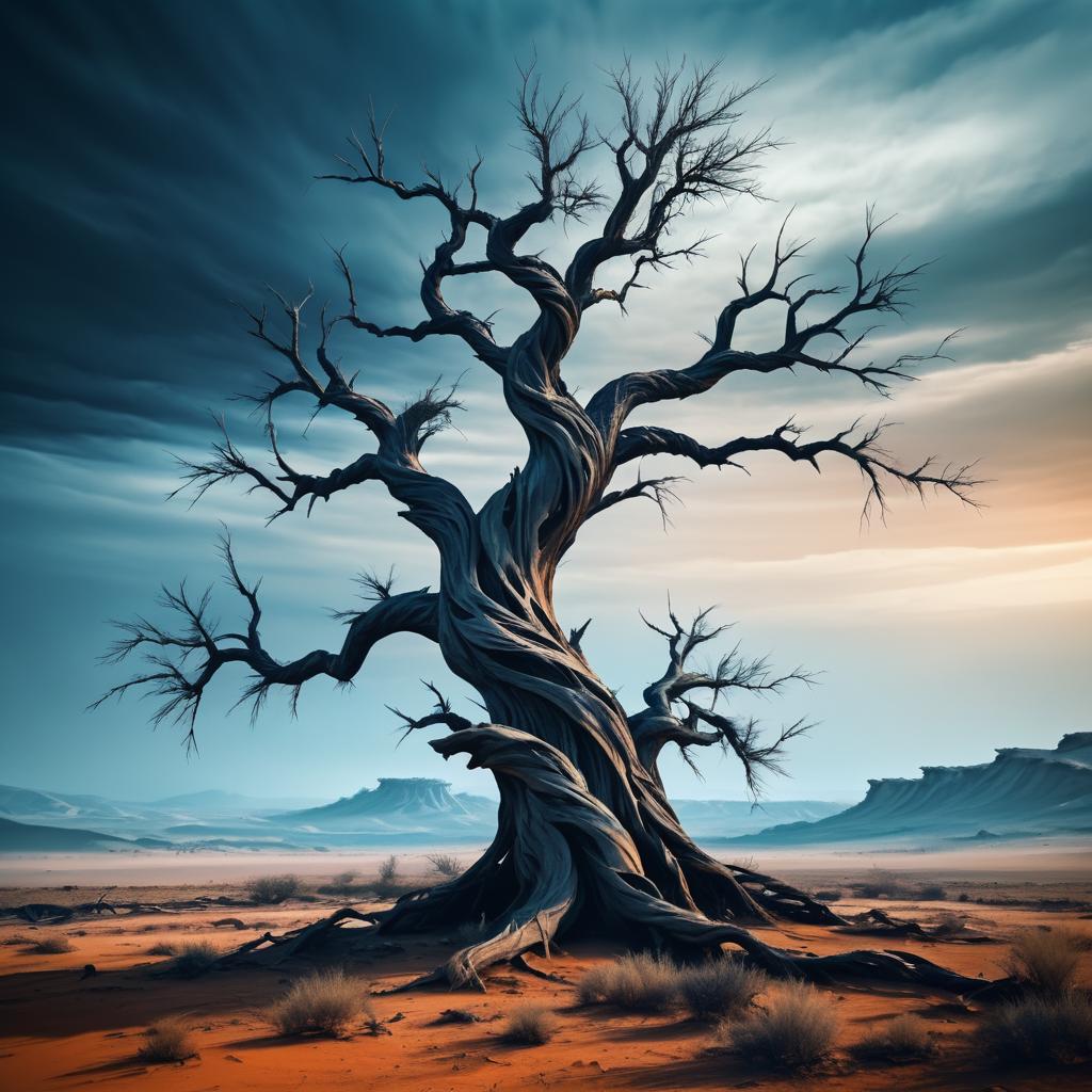 Majestic Twisted Tree in Barren Horror Landscape