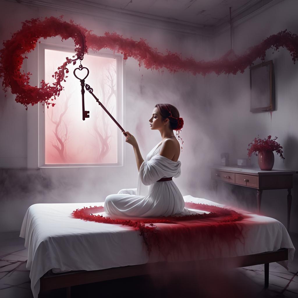 Eerie Woman in Hospital with Crimson Fog