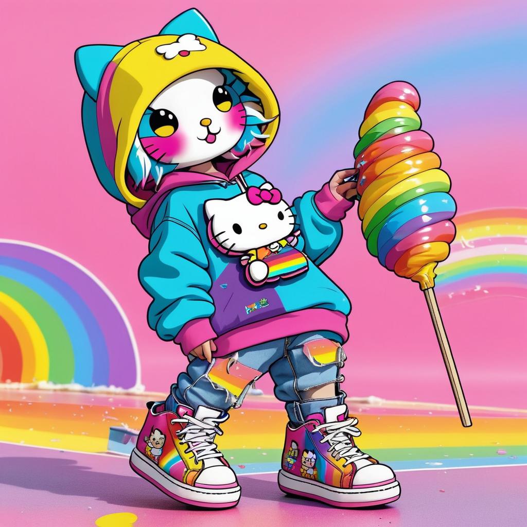 Hello Kitty Skateboarding in Rainbow Style