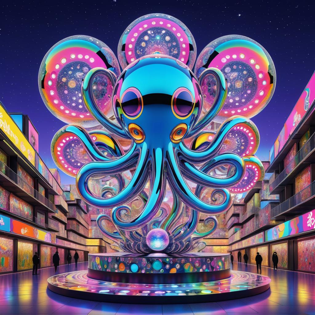 Whimsical Neon Chrome Octopus Sculpture