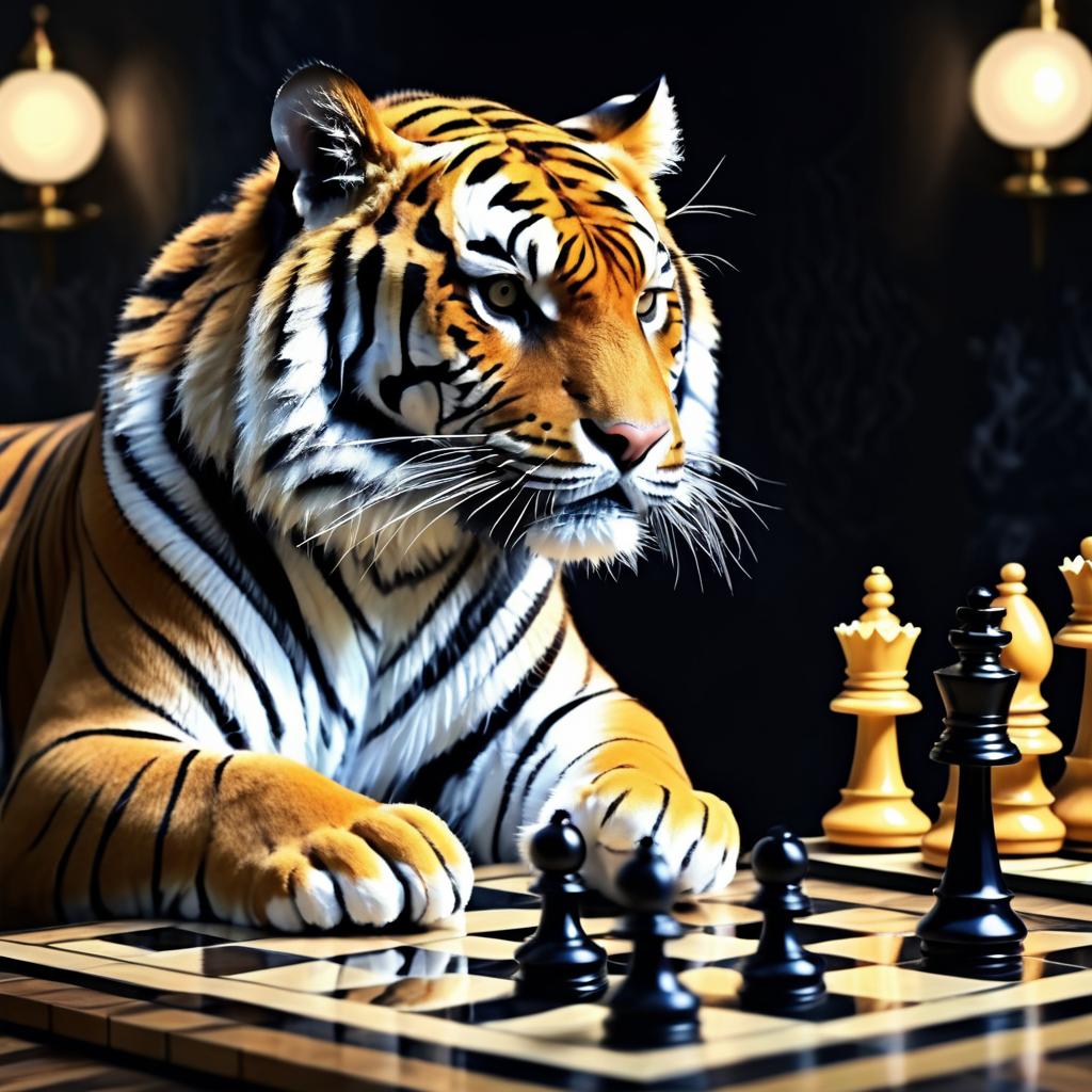 Realistic Tiger Engaged in Chess Game