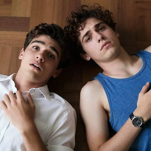 Two Young Men Lying on Wooden Floor