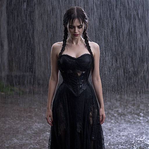 Photograph of a wet, dark-haired woman in a black, lace strapless dress standing in heavy rain, with a somber expression.