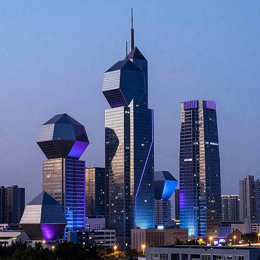 Futuristic Geometric Cityscape at Twilight