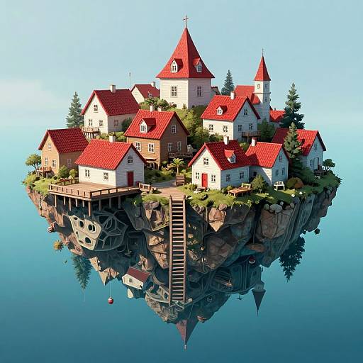 Photorealistic digital illustration of a floating island with red-roofed, white-walled houses, a church, and a wooden ladder over calm blue