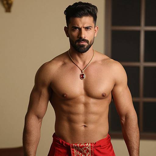 Photograph of a muscular, bearded man with dark hair, tan skin, wearing red pants and a red pendant necklace, standing indoors.