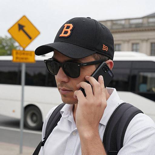 Focused Man with Phone by Bus