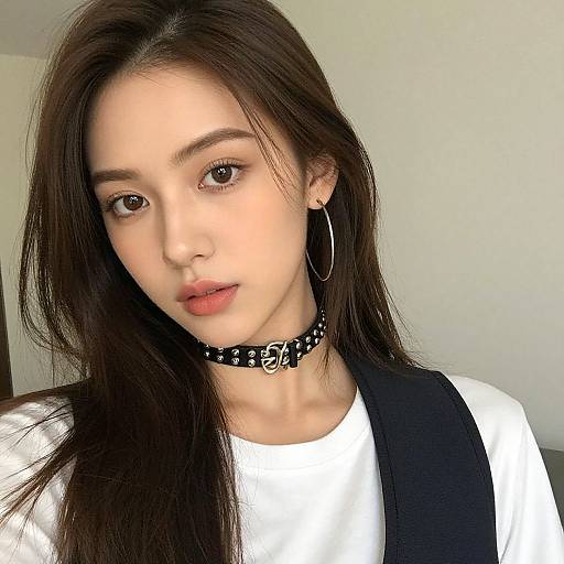 Photograph of an Asian woman with long dark hair, wearing a white shirt, black choker with silver studs, black vest, and large hoop earrings