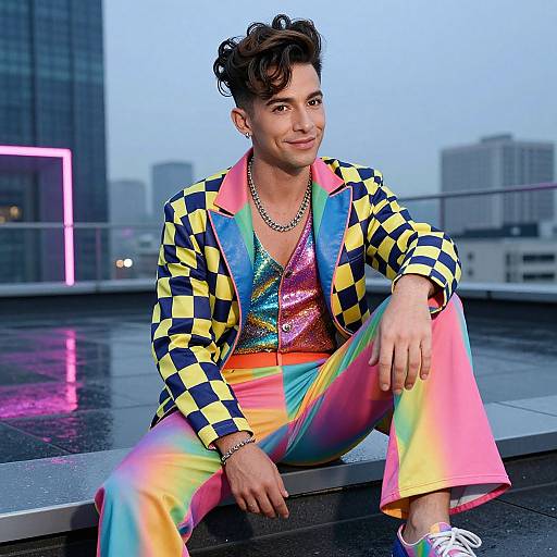 Photograph of a young man with curly brown hair, wearing a colorful checkered jacket, rainbow pants, and a shiny multicolored shirt, sitting