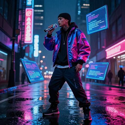 Neon-lit urban street performance: Male rapper in shiny pink and blue jacket, black beanie, and pants, singing into microphone, surrounded by