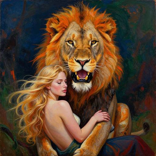 Digital painting of a blonde woman with flowing hair embracing a majestic, fierce-looking lion with a fiery mane against a dark, abstract background.