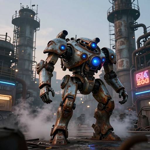 Cyberpunk-style CGI of a rusted, blue-lit, humanoid robot standing in a smoky, industrial urban setting with tall, cylindrical buildings