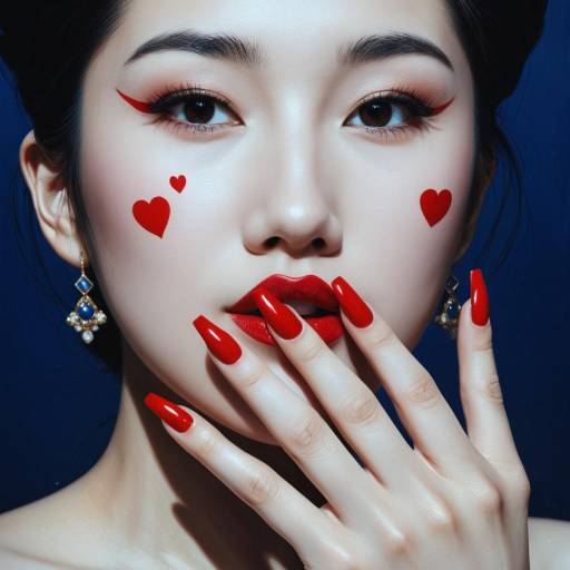 Woman with Red Heart Makeup and Nails