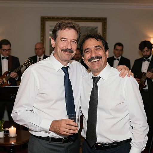Two Men in White Shirts Celebrating with Live Band