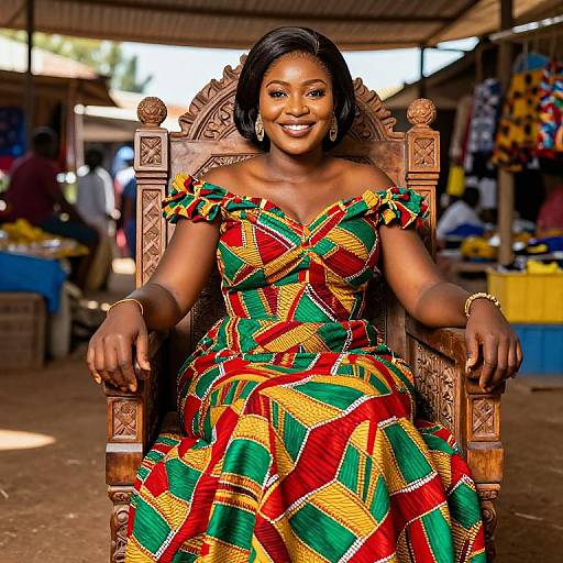 Photograph of a smiling Black woman with short black hair, wearing an off-shoulder, colorful African-patterned dress, seated on an intricately