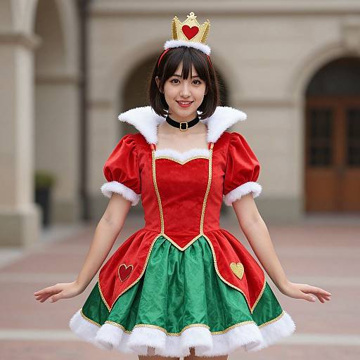 Digital photograph of an Asian woman in a red and green Christmas-themed costume with a gold crown, white fur trim, and heart-shaped accents, standing outdoors