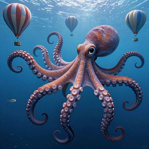 Digital illustration of a detailed, orange-brown octopus with suction cups, surrounded by three colorful hot air balloons underwater, with sunlight filtering through the blue
