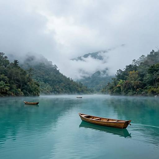 Photograph of serene turquoise lake with three wooden boats, surrounded by misty, lush green forested hills under a cloudy sky.