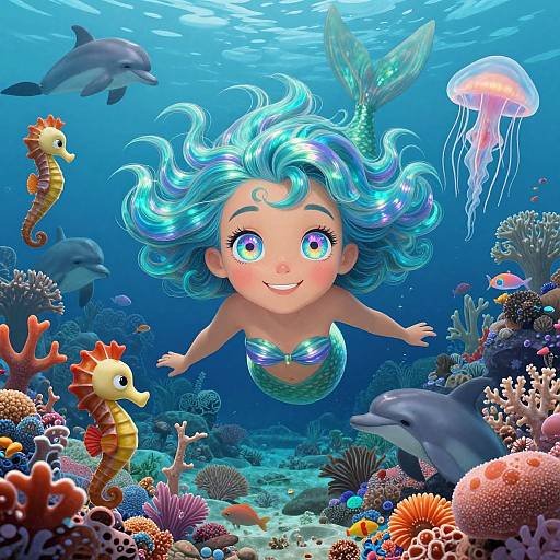 Digital illustration of a cute, blue-haired mermaid with a shiny green tail, surrounded by colorful coral, seahorses, dolphins, and a jelly