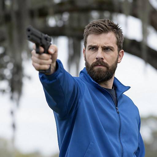 Bearded Man Aiming Gun Outdoors