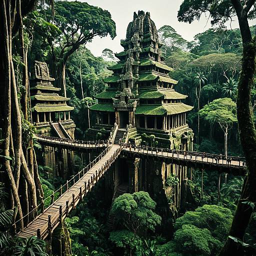 Ancient Tree Temple with Hanging Bridges in Jungle
