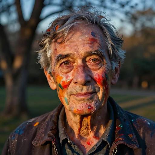 Photograph of an elderly man with gray hair, smeared with colorful paint, smiling in a sunlit park, background blurred trees.
