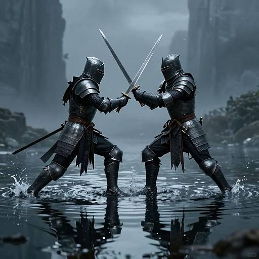 Photograph-style digital art of two armored samurai in a misty, rocky canyon, clashing swords in a water-filled ravine.