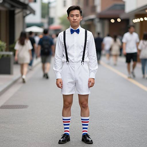 Photograph of a young Asian boy in a white shirt, shorts, blue bowtie, striped socks, black shoes, standing on a city street.