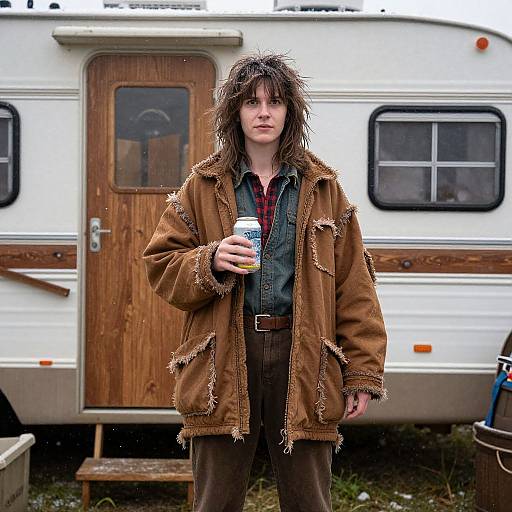 Photograph of a disheveled woman with messy brown hair, wearing a frayed brown jacket, denim shirt, and brown pants, holding a drink